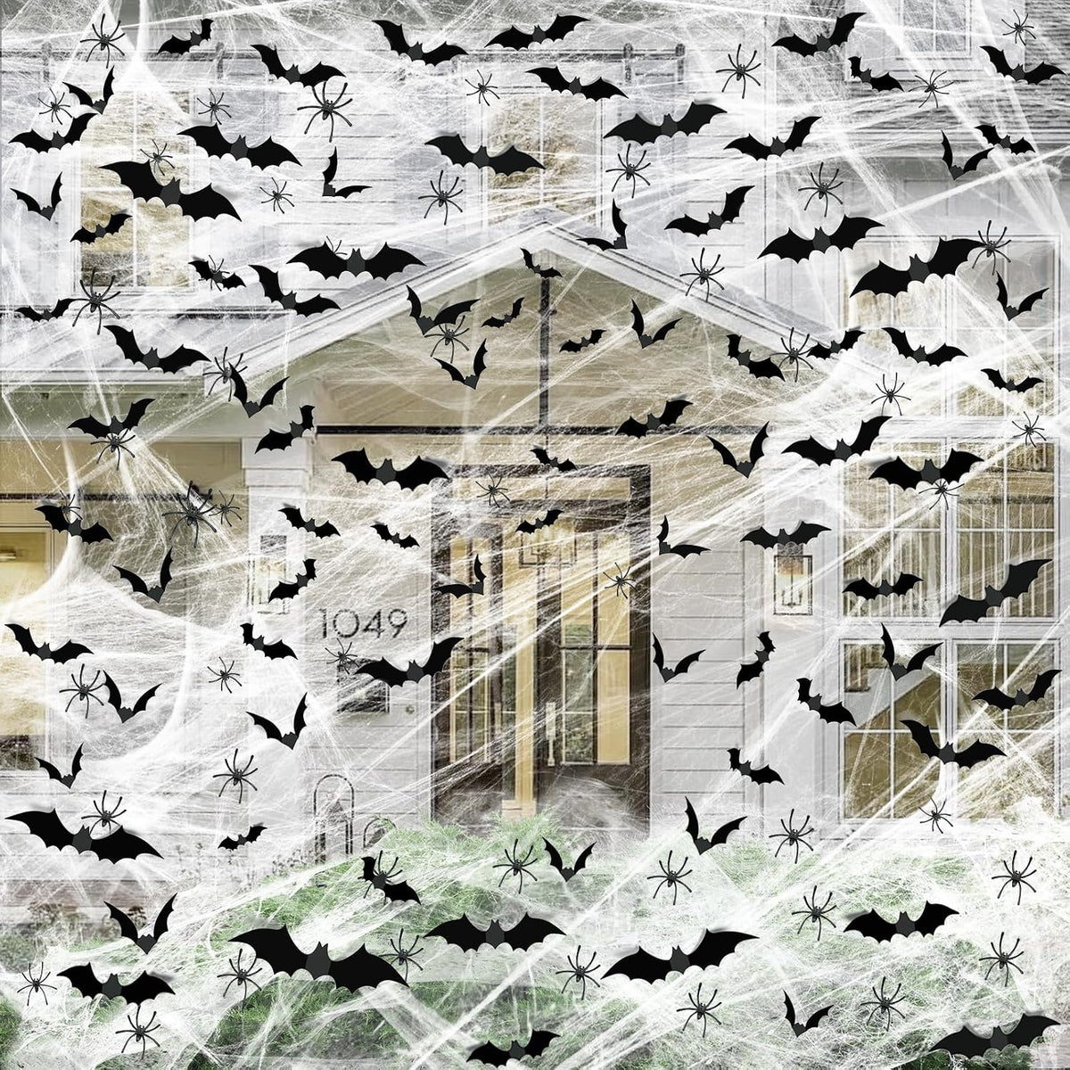Halloween spider web decoration set with fake bats and spiders