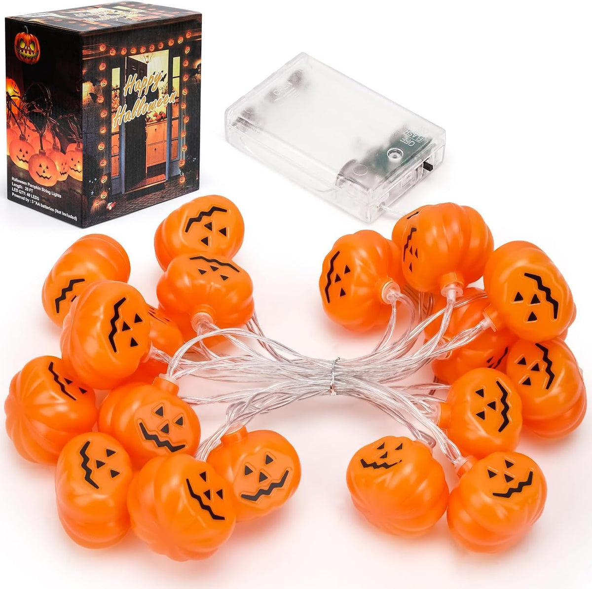 Halloween Pumpkin String Lights – 20 LED, 10FT, Battery Operated