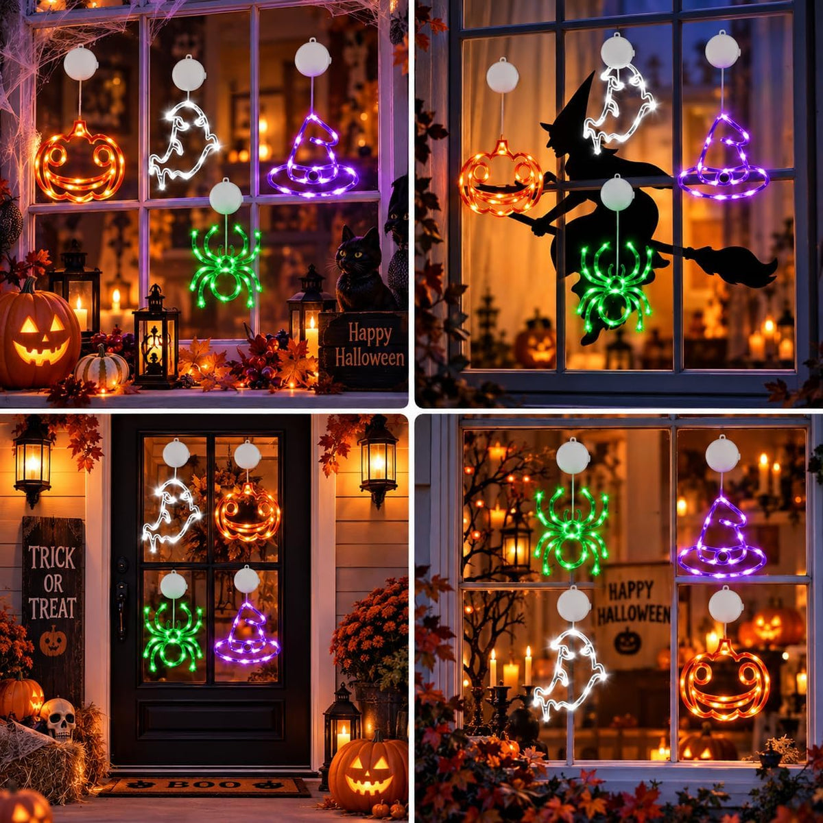 Halloween Window Lights 4 Pack | Pumpkin Ghost Spider Witch Hat with Timer