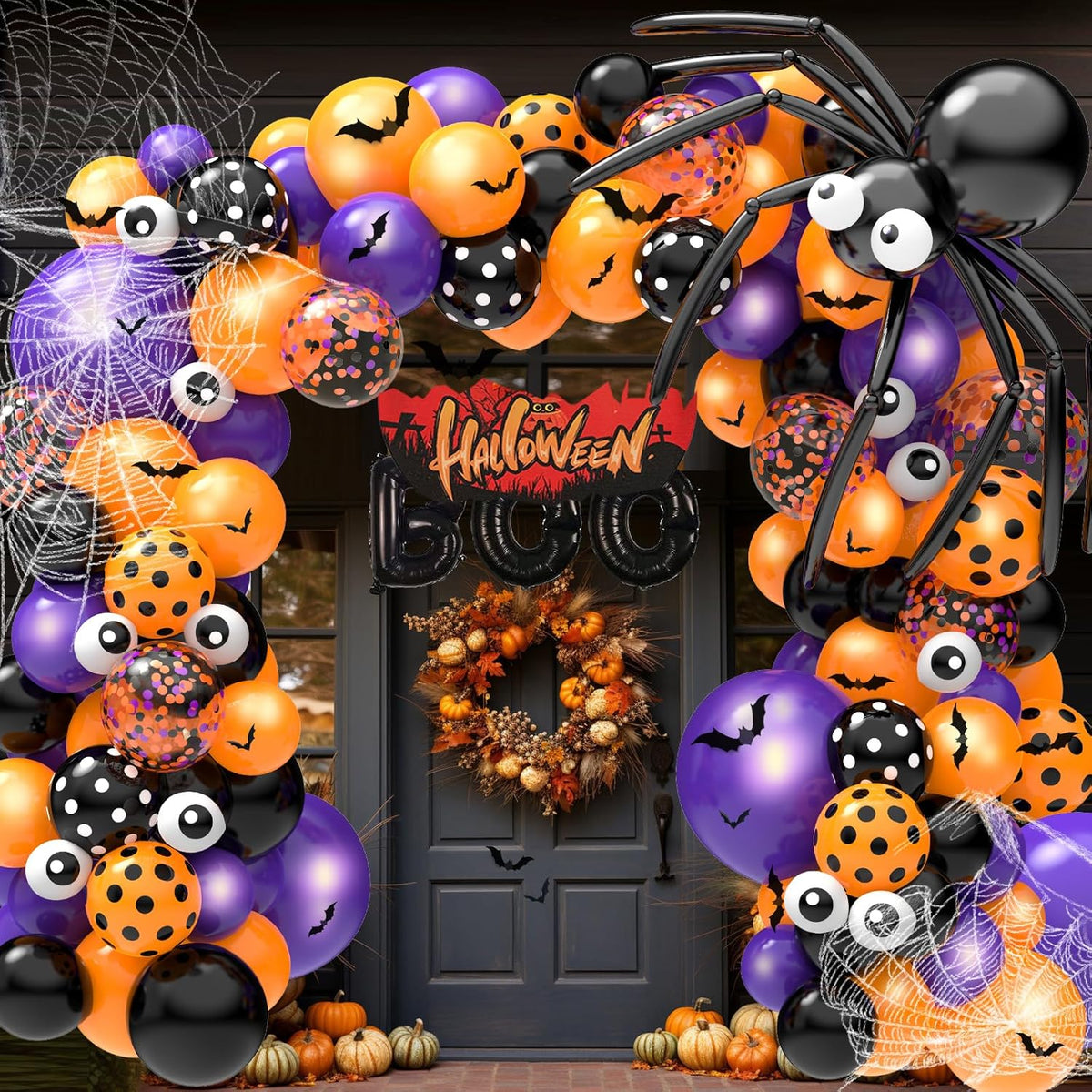 126pc Halloween balloon garland arch kit with bat and spider web decor