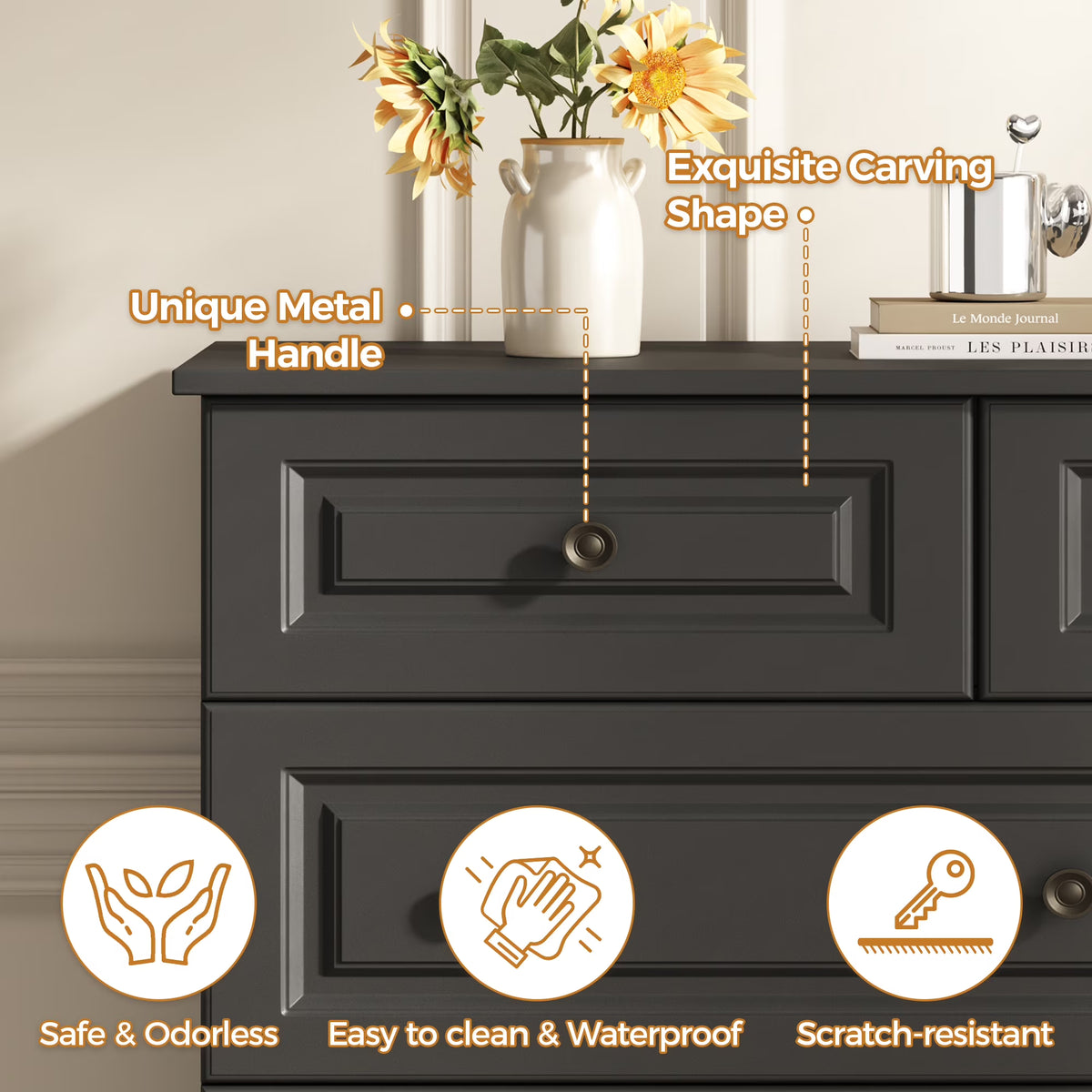50" 9 Drawer Dresser – Retro Modern Chest with Black Metal Handles