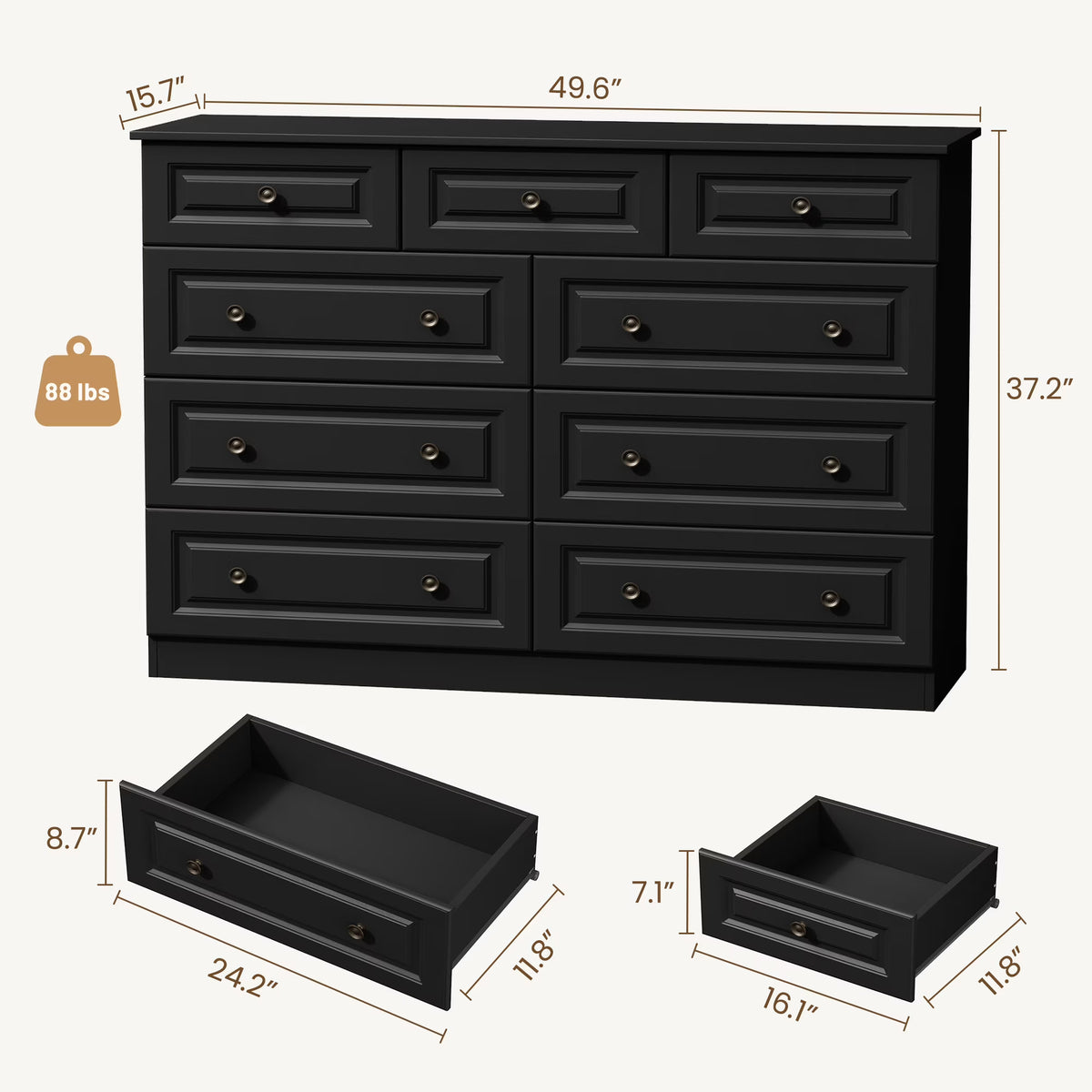 50" 9 Drawer Dresser – Retro Modern Chest with Black Metal Handles