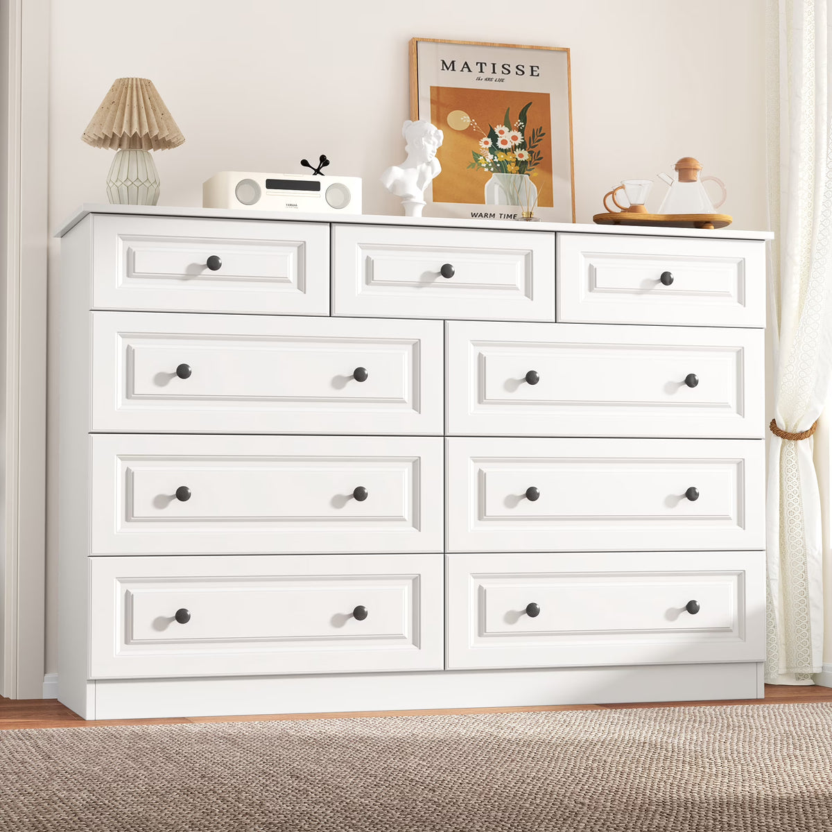 50" 9 Drawer Dresser – Retro Modern Chest with Black Metal Handles