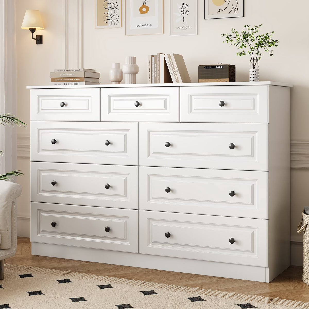 50" 9 Drawer Dresser – Retro Modern Chest with Black Metal Handles