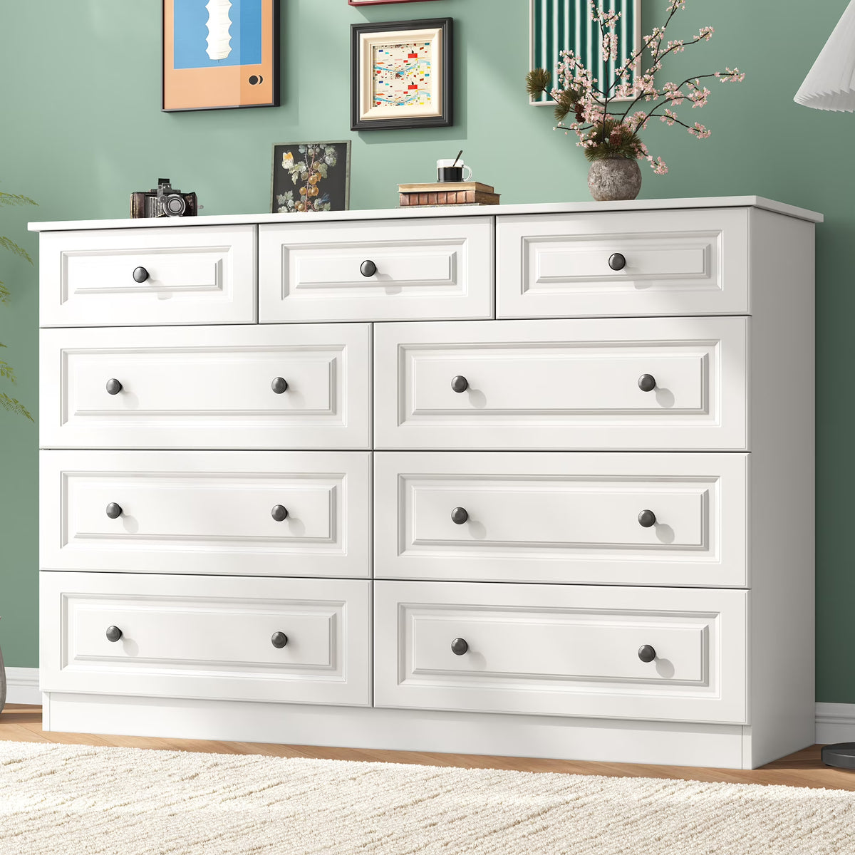 50" 9 Drawer Dresser – Retro Modern Chest with Black Metal Handles