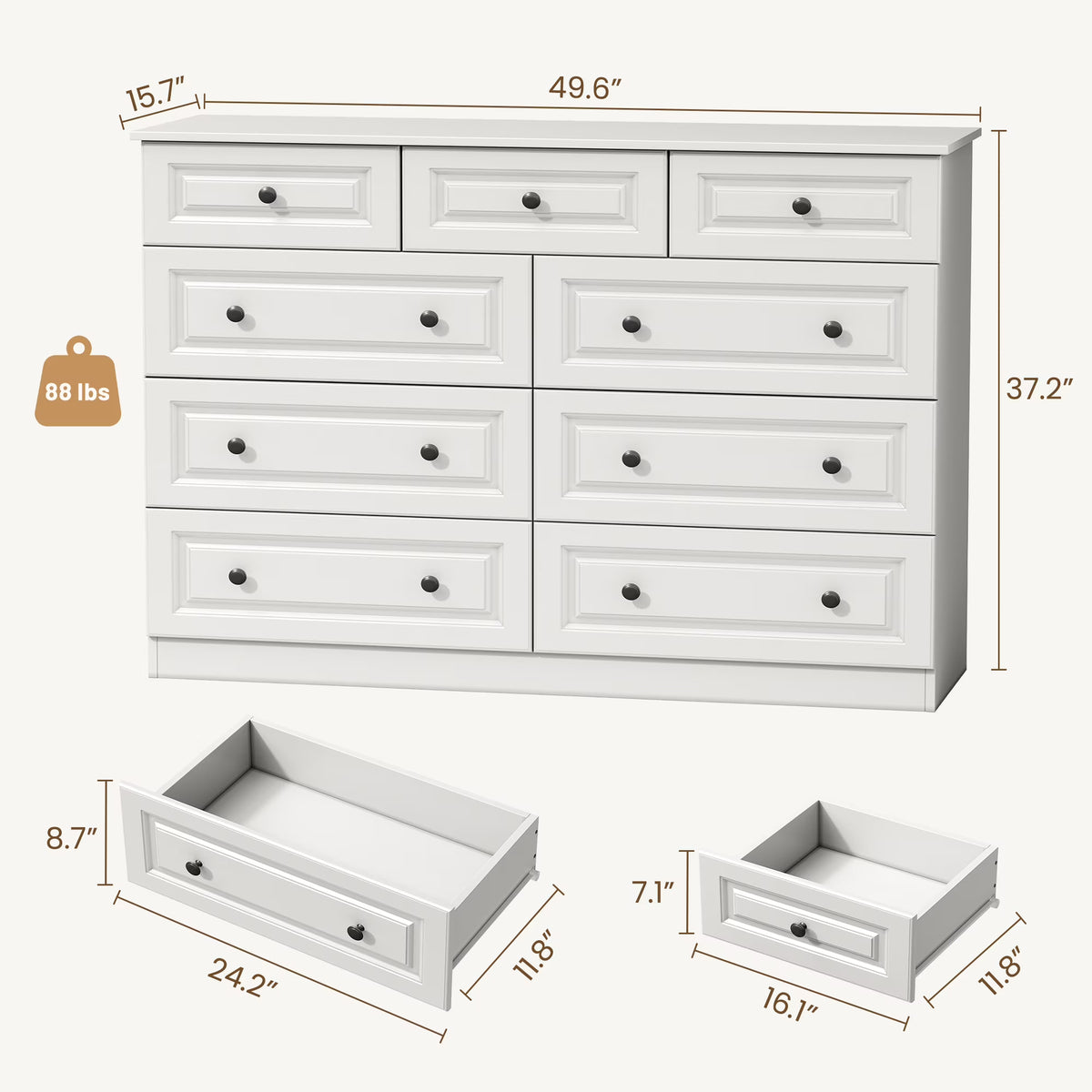 50" 9 Drawer Dresser – Retro Modern Chest with Black Metal Handles
