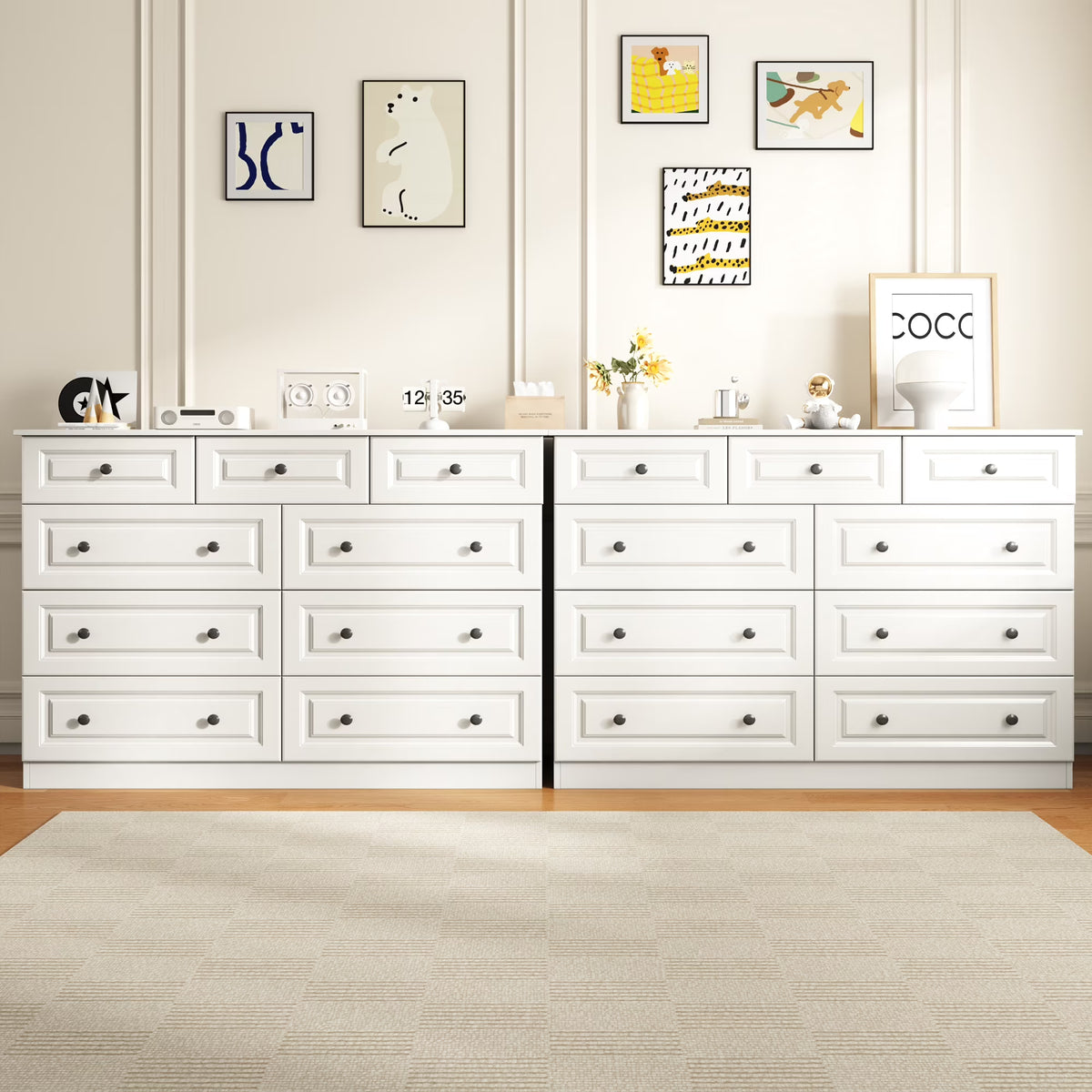 50" 9 Drawer Dresser – Retro Modern Chest with Black Metal Handles
