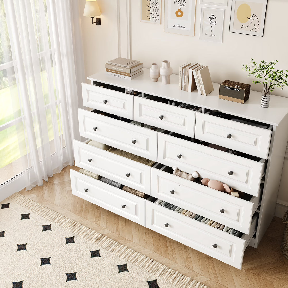 50" 9 Drawer Dresser – Retro Modern Chest with Black Metal Handles