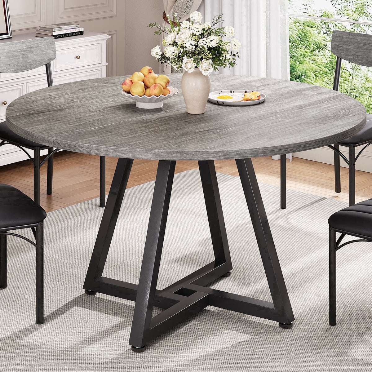 47 Inch Round Industrial Dining Table – Wood Top, Black Metal Frame(Only Table)