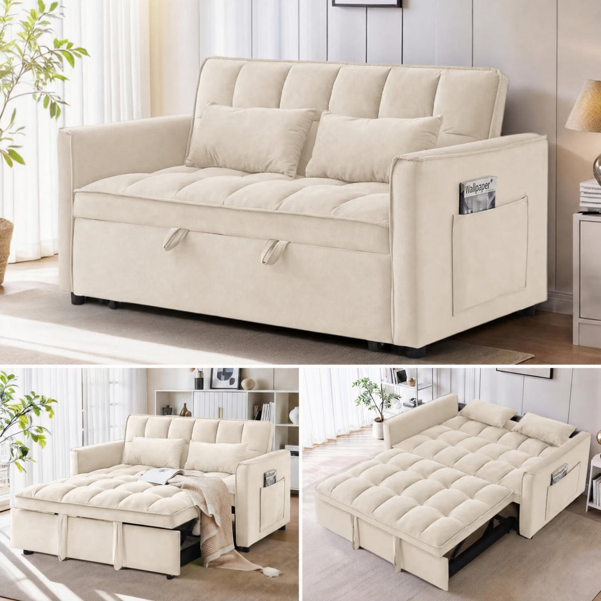 3-in-1 convertible velvet sofa bed in upright sofa mode