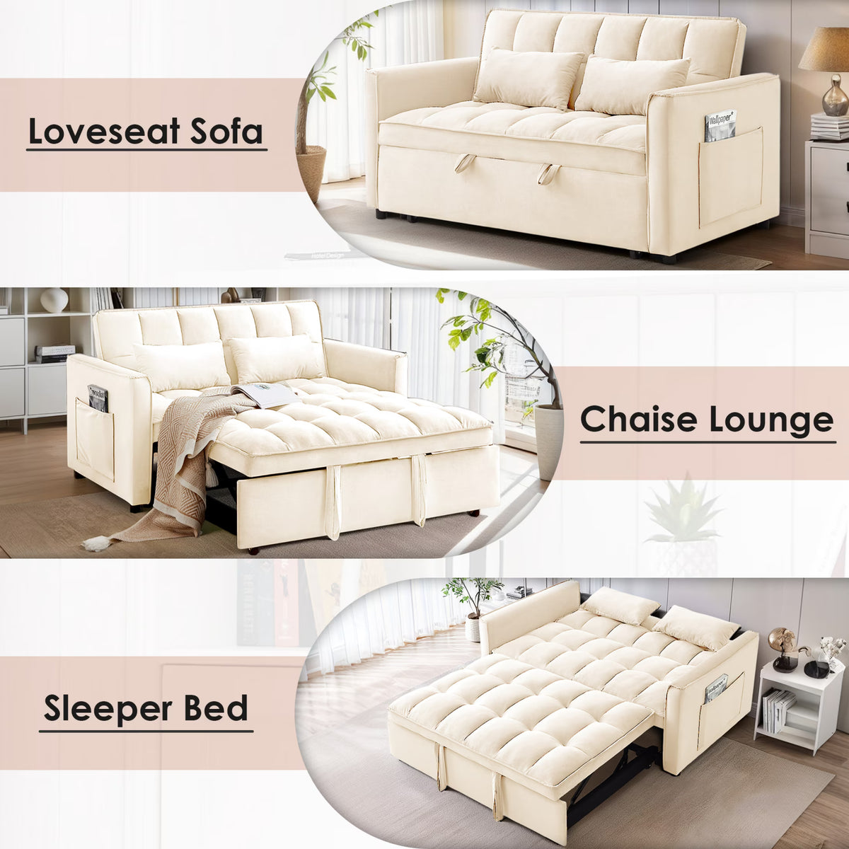 3-in-1 Velvet Sofa Bed – Pull-Out Sleeper with Adjustable Backrest