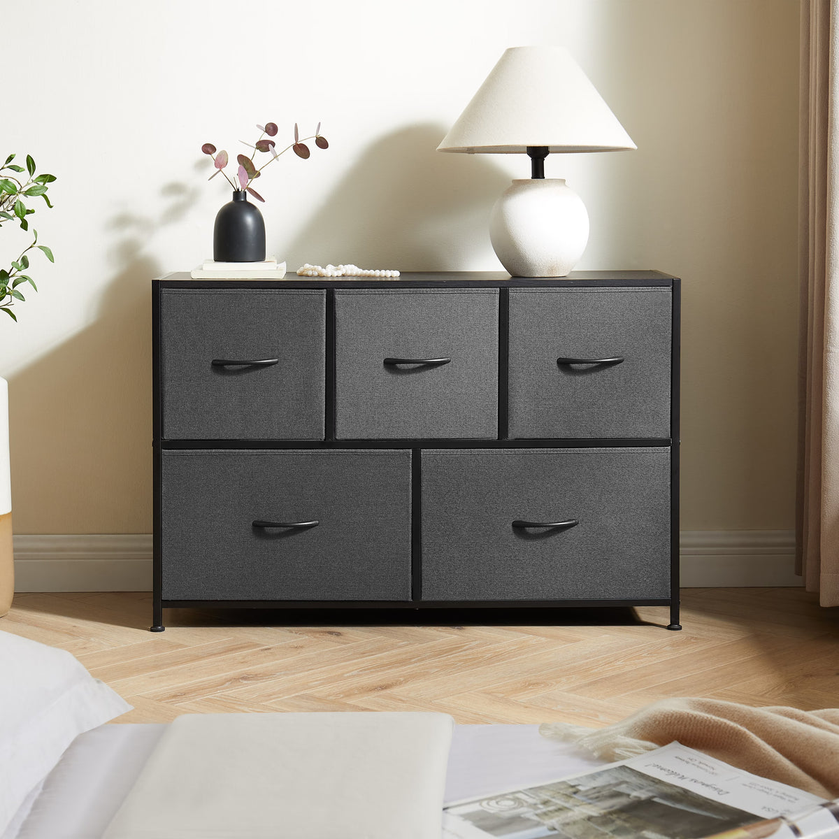 40 inch 5 drawer fabric dresser in grey with wood top