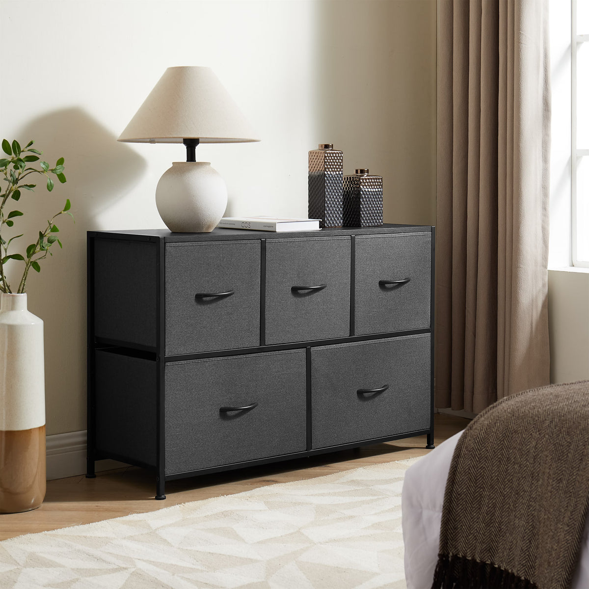 40" 5 Drawer Fabric Dresser in Grey – Steel Frame, Wood Top