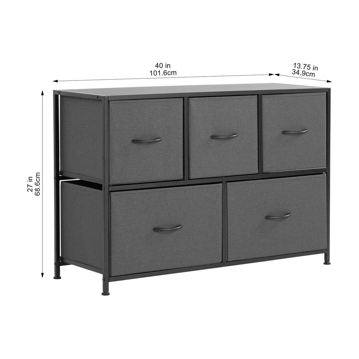 40" 5 Drawer Fabric Dresser in Grey – Steel Frame, Wood Top