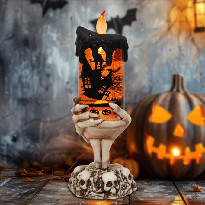 Halloween Snow Globe Candle | Spinning Glitter Flameless Candle with Timer
