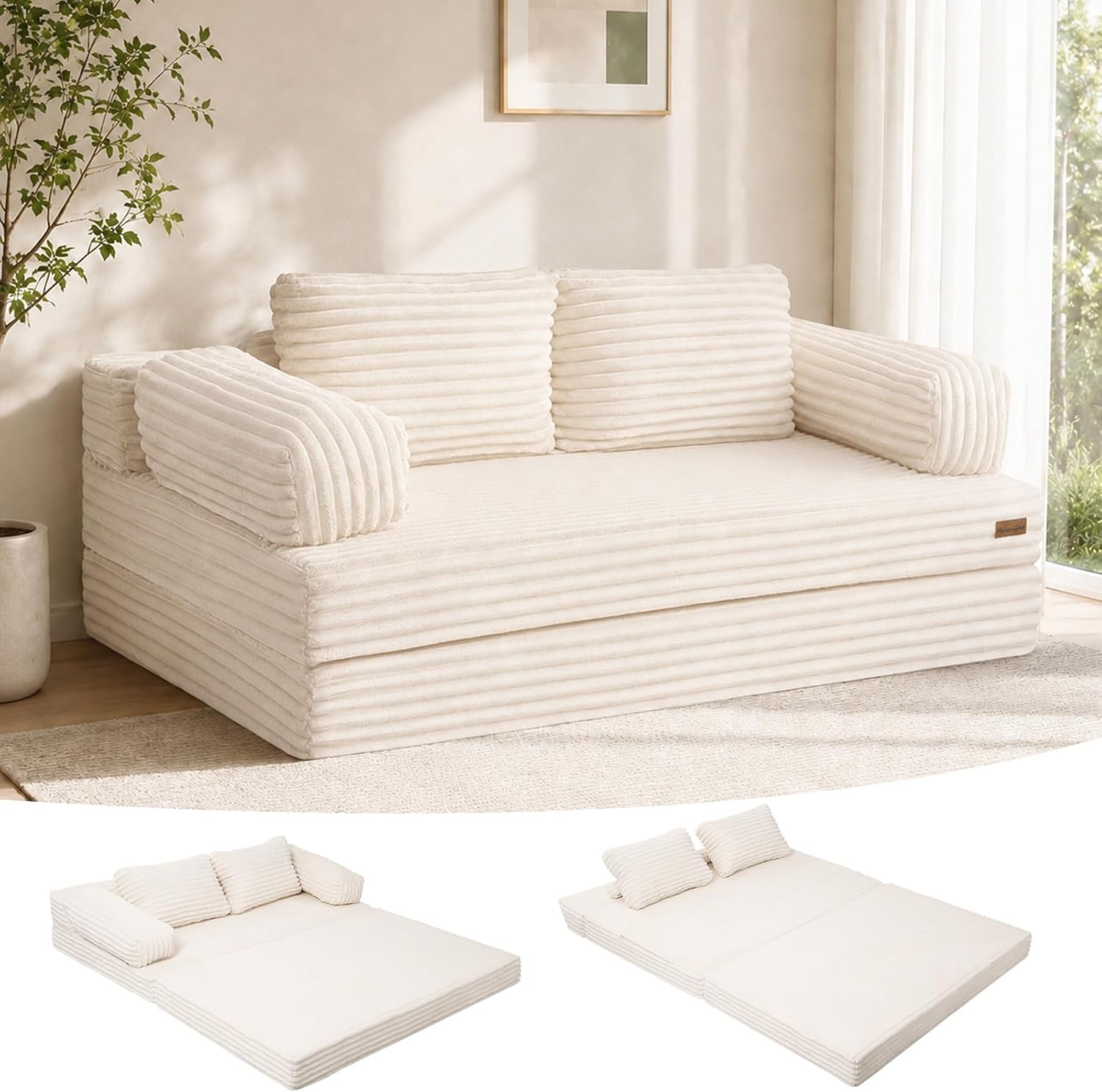 59" Convertible Corduroy Loveseat Sofa Bed – Folds Flat, No Assembly