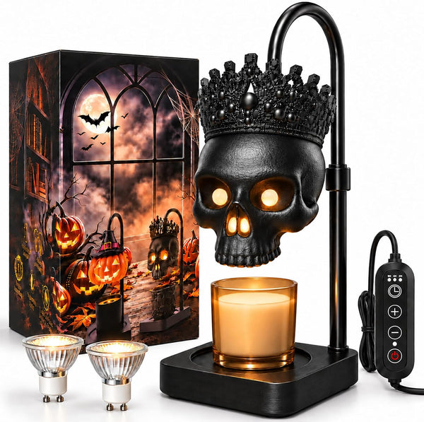 Gothic crowned skull candle warmer lamp with amber glow