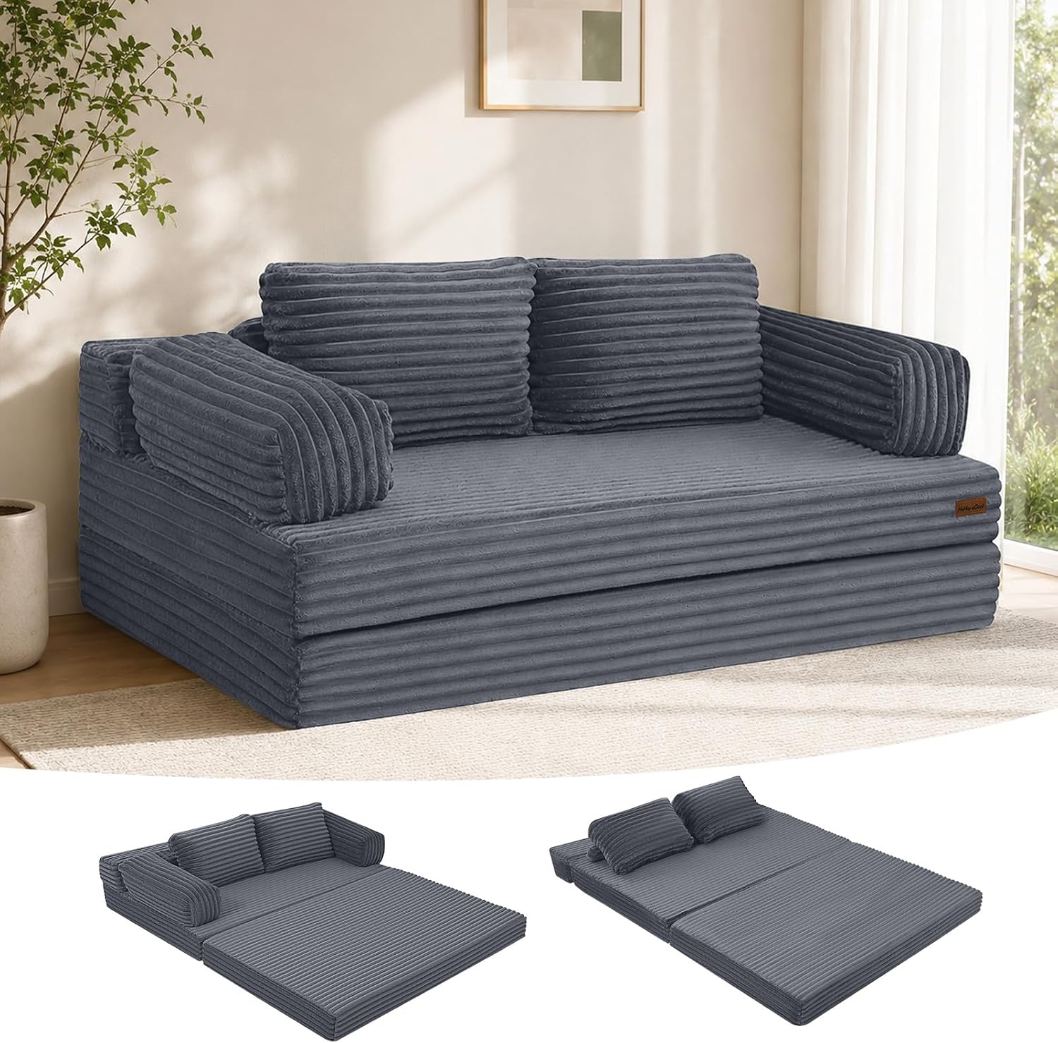 59" Convertible Corduroy Loveseat Sofa Bed – Folds Flat, No Assembly