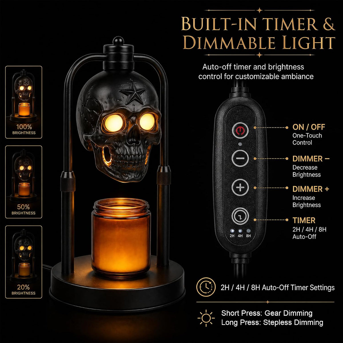 Black Skull Candle Warmer Lamp with Timer & Dimmer – Gothic Decor