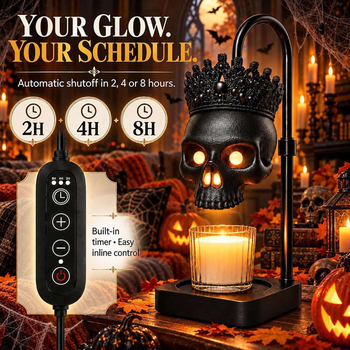 Gothic Crowned Skull Candle Warmer Lamp with Timer & Dimmer