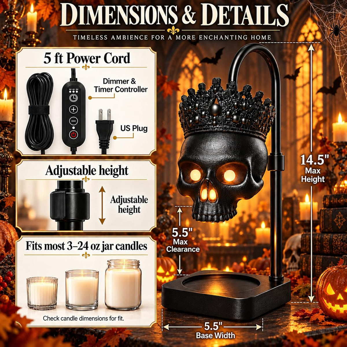 Gothic Crowned Skull Candle Warmer Lamp with Timer & Dimmer