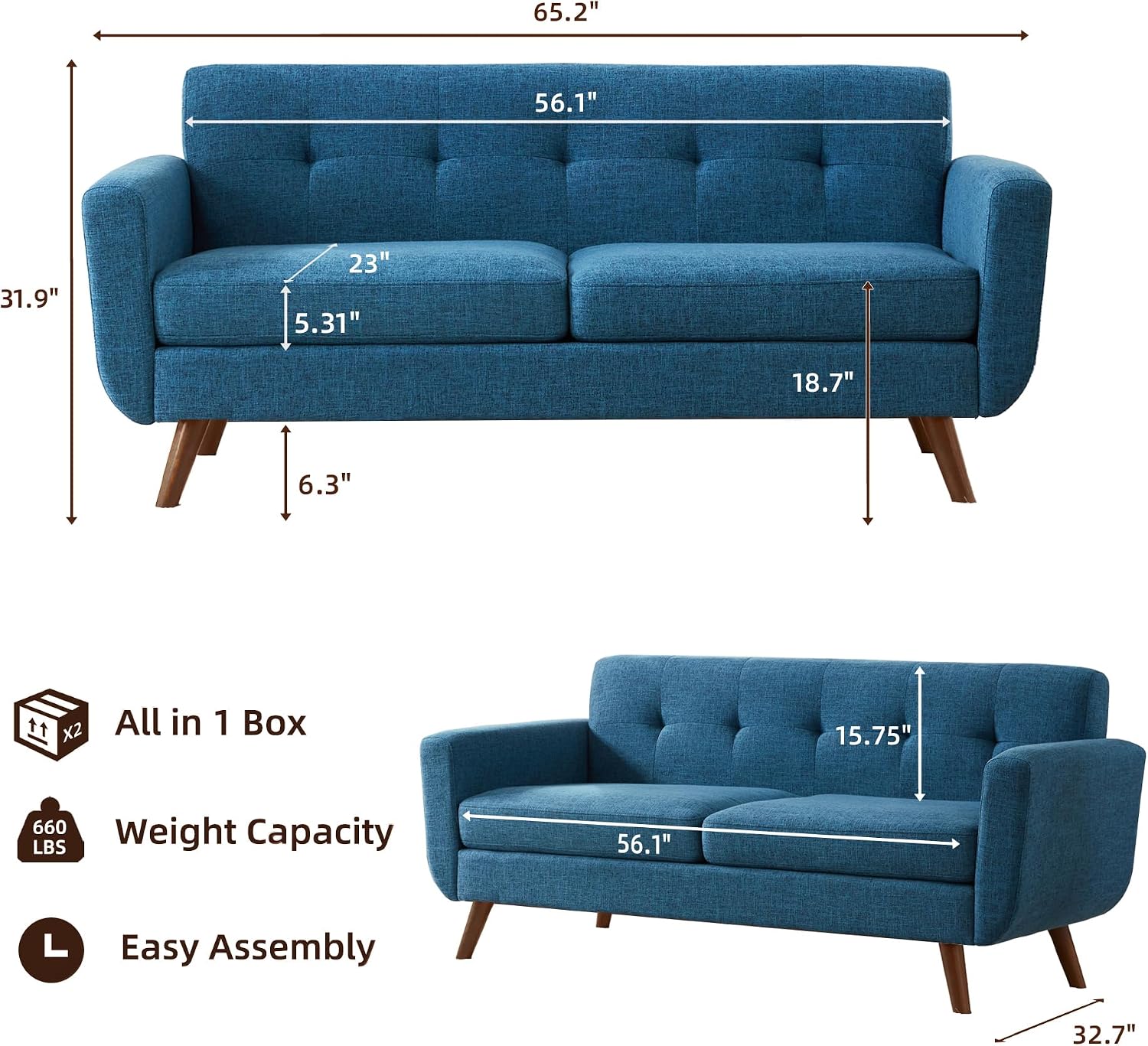 Small Loveseat Sofa for Living Room | 2-Seater Tufted Couch for Apartments