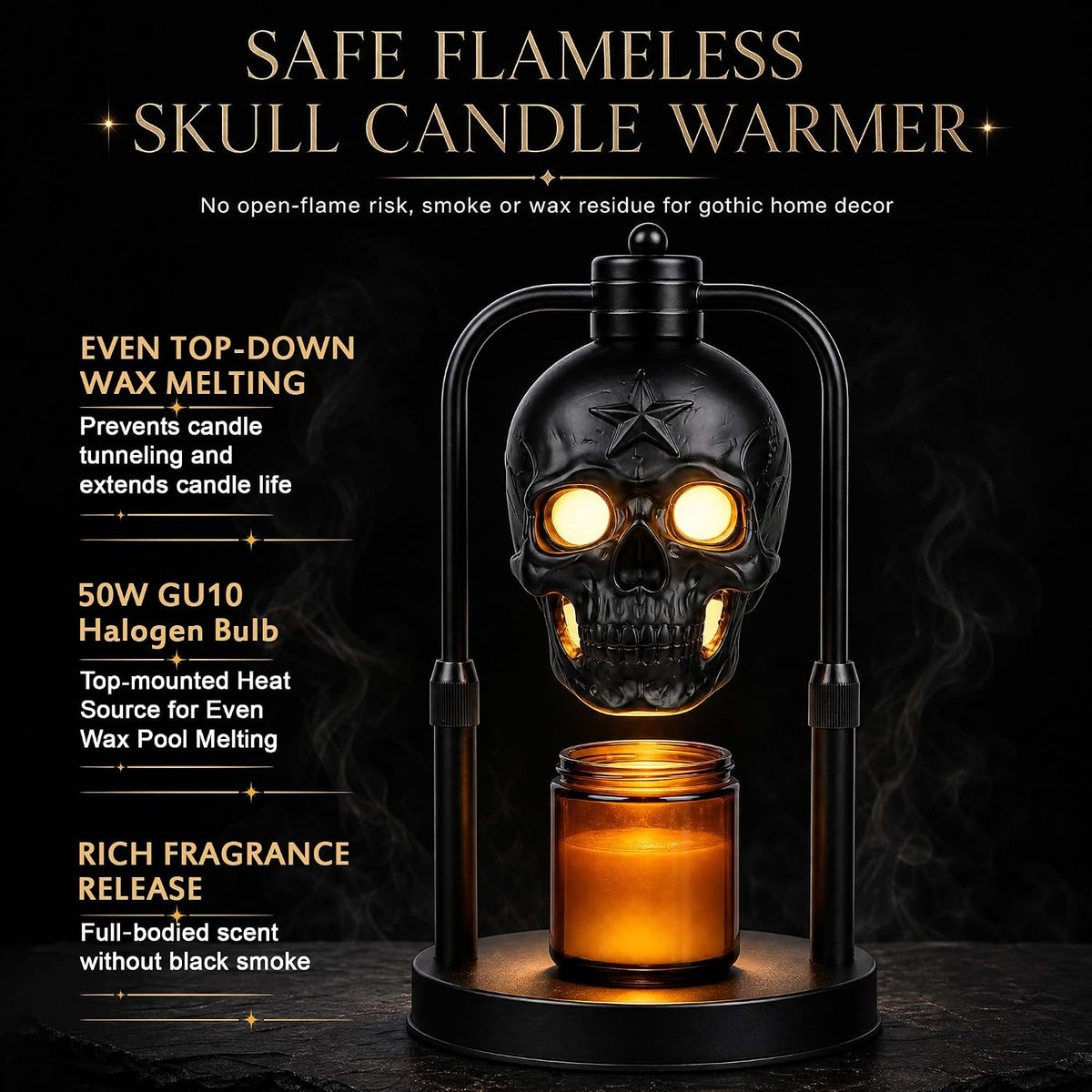 Black Skull Candle Warmer Lamp with Timer & Dimmer – Gothic Decor