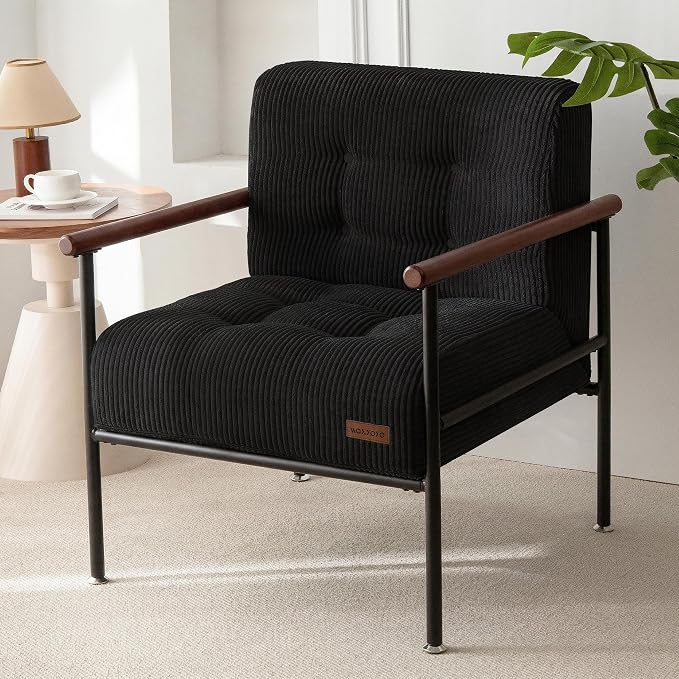 Tufted Accent Chair for Living Room | Modern Armchair with Wood Armrests