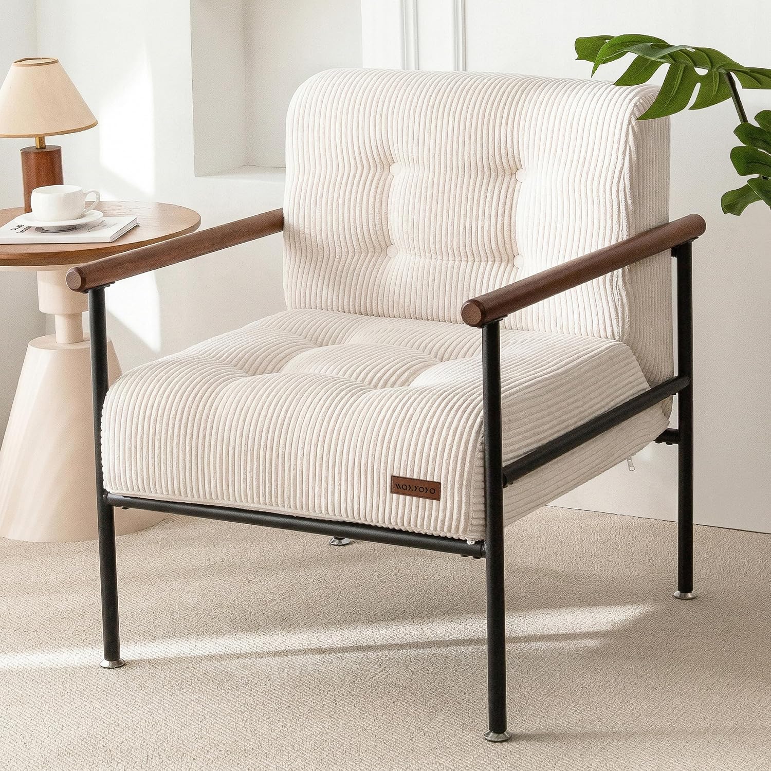 Tufted Accent Chair for Living Room | Modern Armchair with Wood Armrests