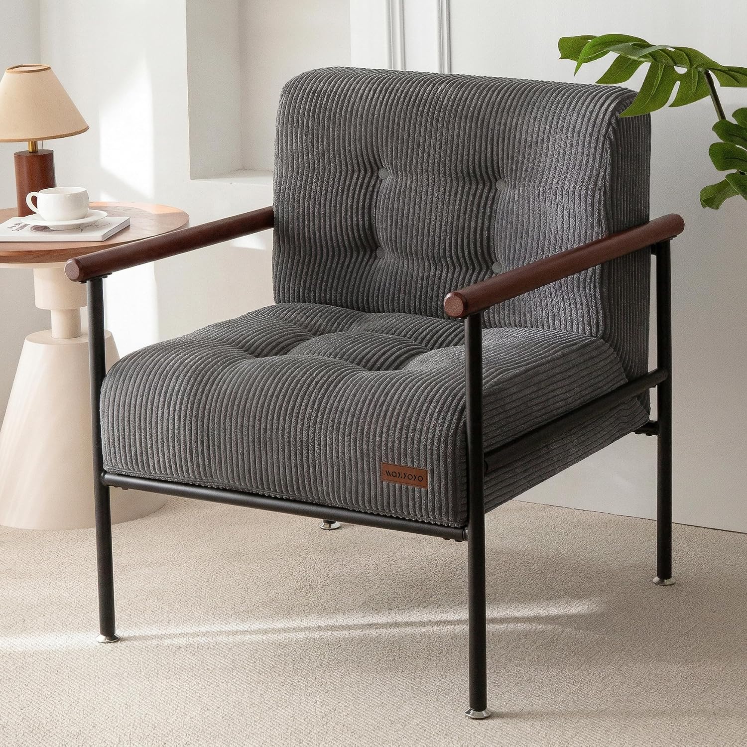 Tufted Accent Chair for Living Room | Modern Armchair with Wood Armrests