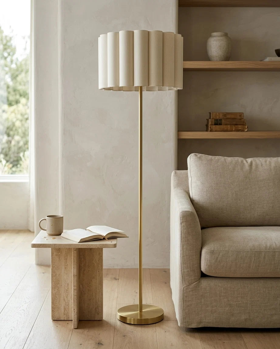 Brass floor lamp with pleated cotton shade