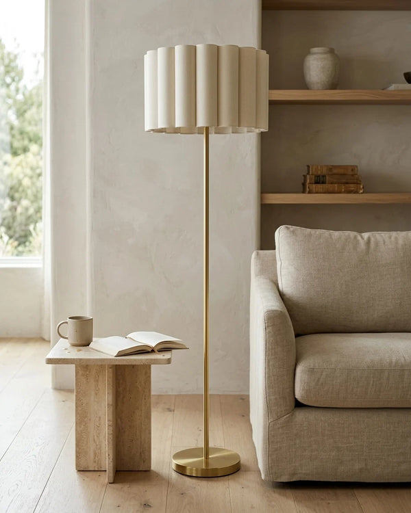 Brass floor lamp with pleated cotton shade