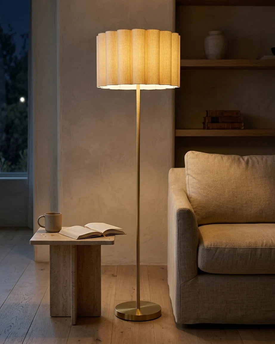 Brass Floor Lamp for Living Room | Modern Standing Lamp with Fabric Shade