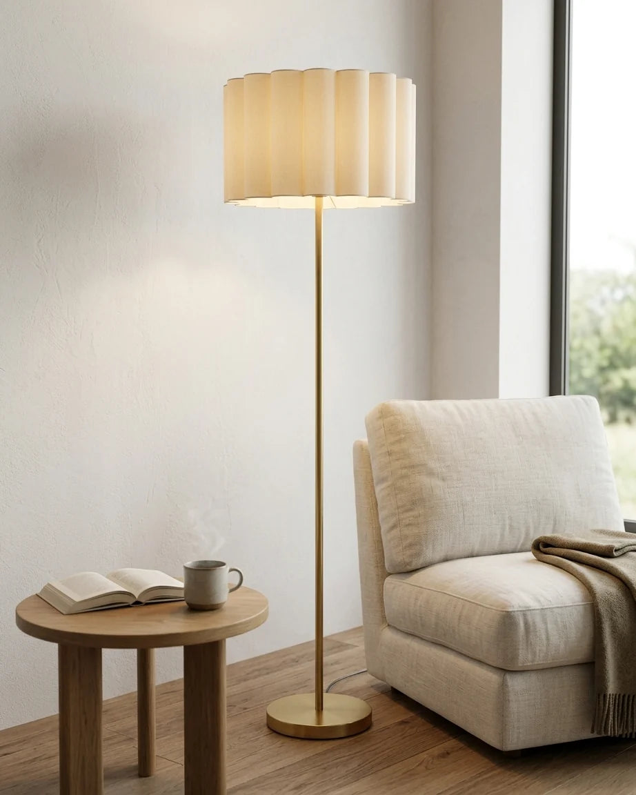 Brass Floor Lamp for Living Room | Modern Standing Lamp with Fabric Shade