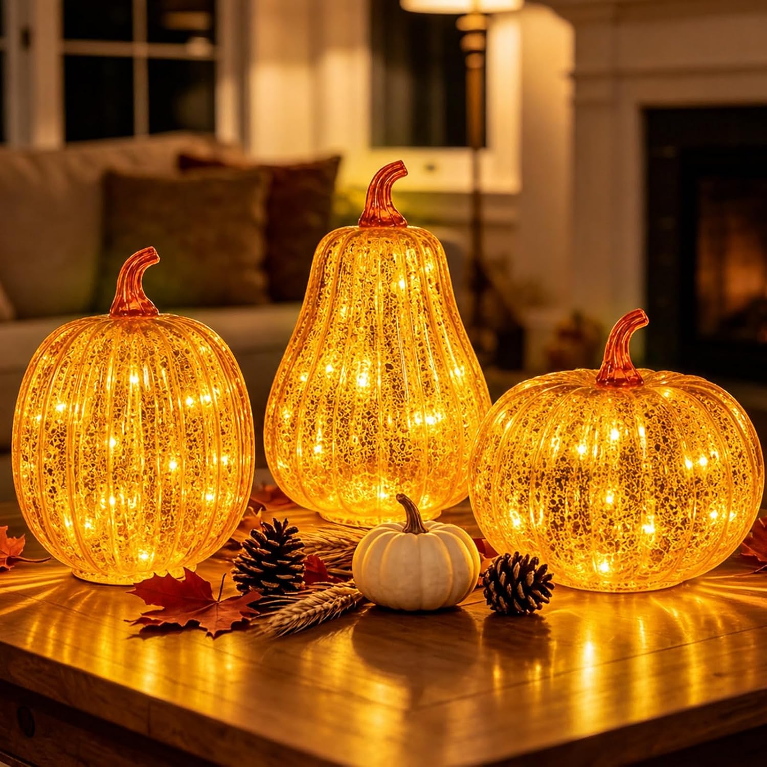 Set of 3 Lighted Mercury Glass Pumpkins – LED Fall & Thanksgiving Decor