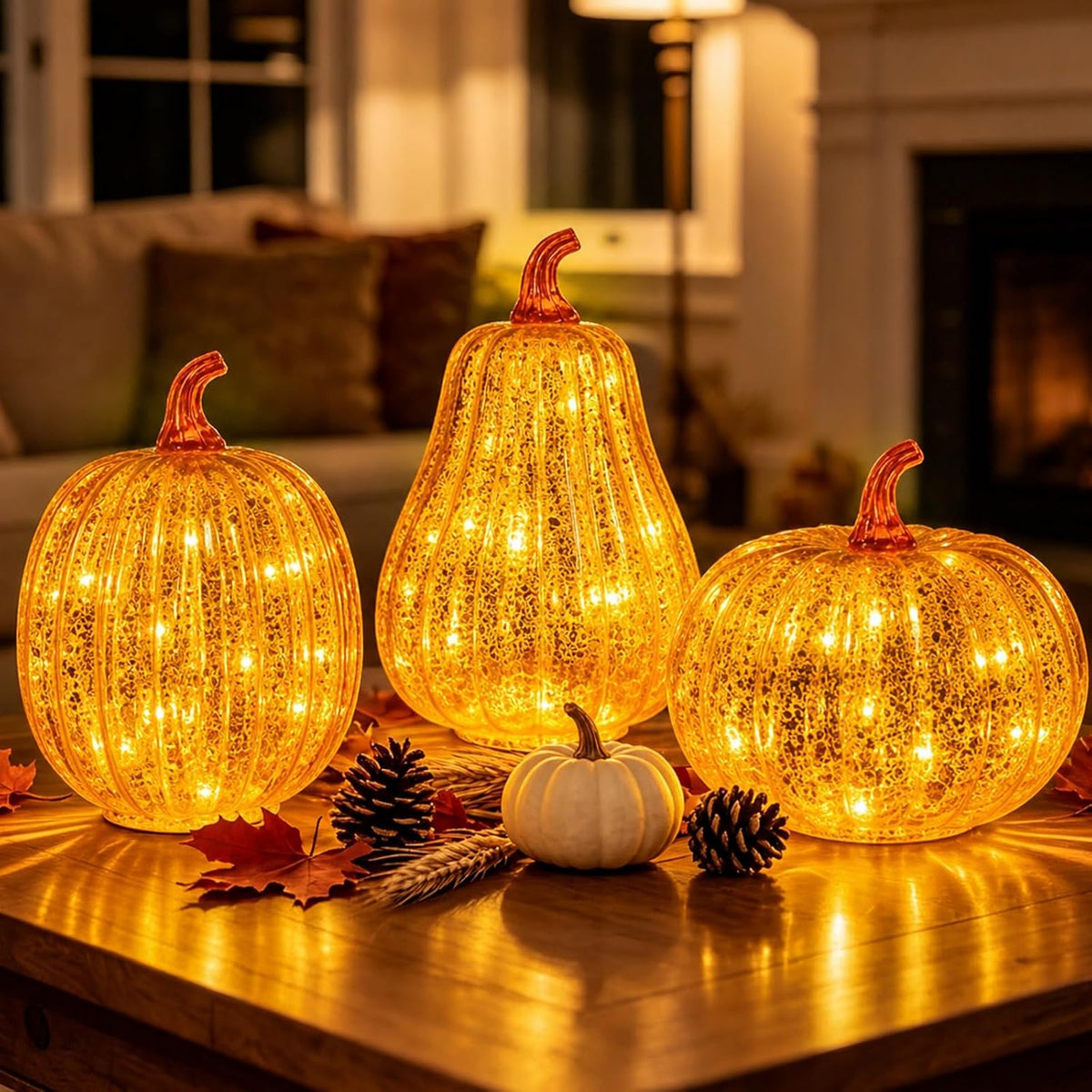 Set of 3 Lighted Mercury Glass Pumpkins – LED Fall & Thanksgiving Decor