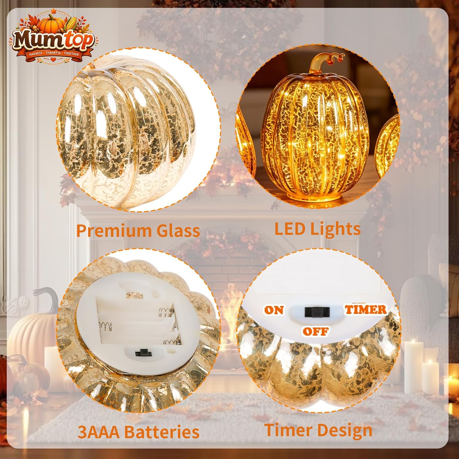 Set of 3 Lighted Mercury Glass Pumpkins – LED Fall & Thanksgiving Decor