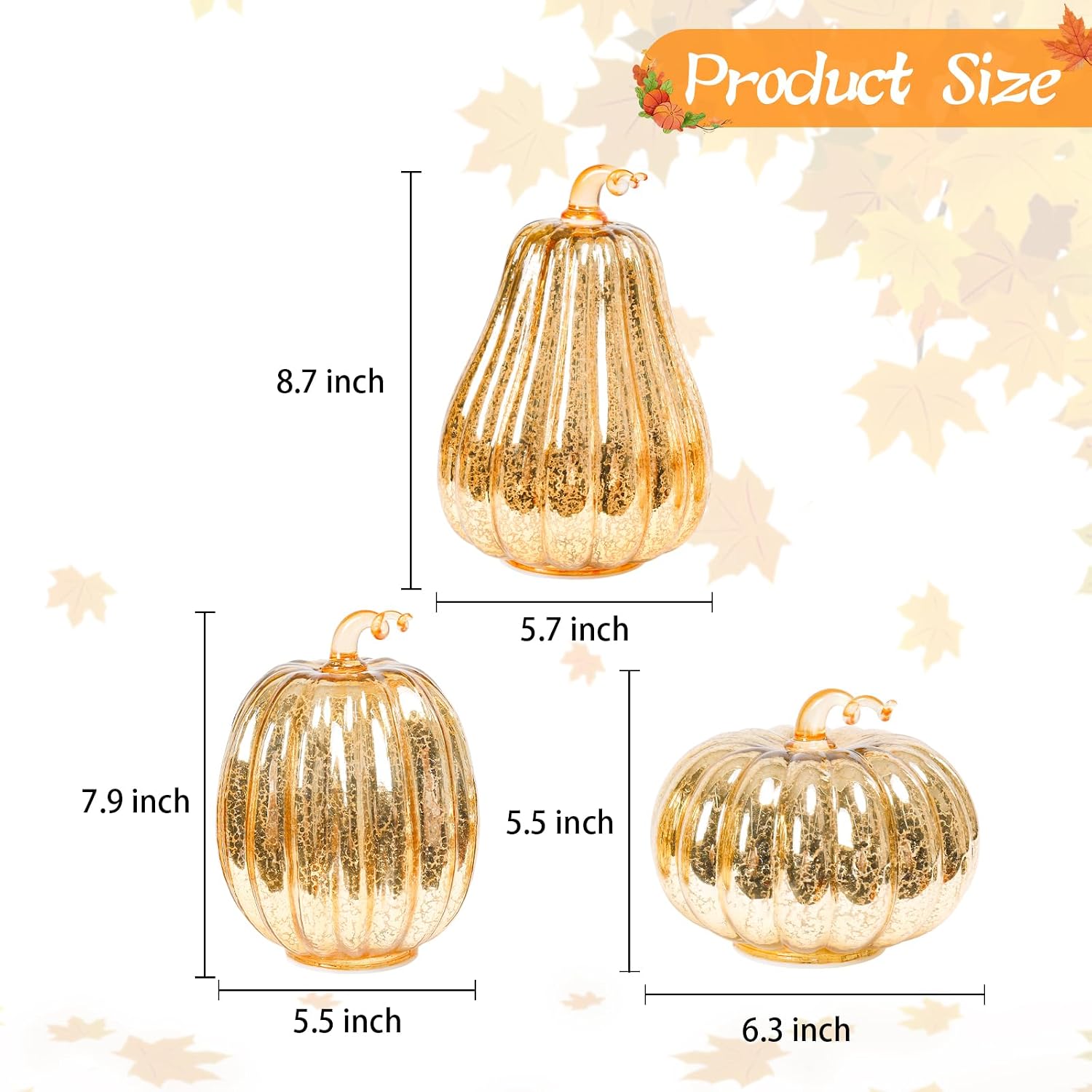 Set of 3 Lighted Mercury Glass Pumpkins – LED Fall & Thanksgiving Decor