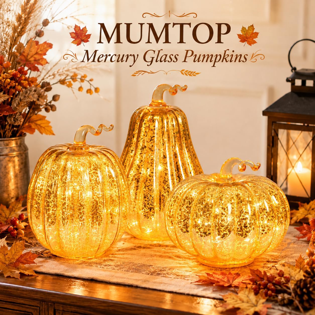 Set of 3 Lighted Mercury Glass Pumpkins – LED Fall & Thanksgiving Decor