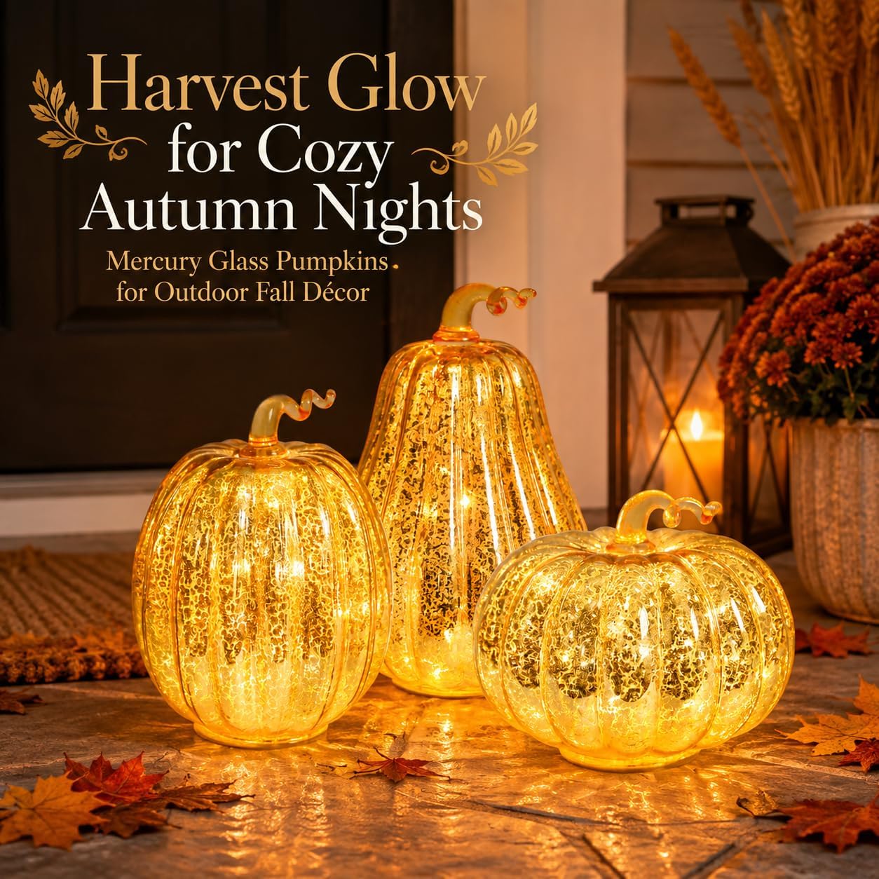 Set of 3 Lighted Mercury Glass Pumpkins – LED Fall & Thanksgiving Decor