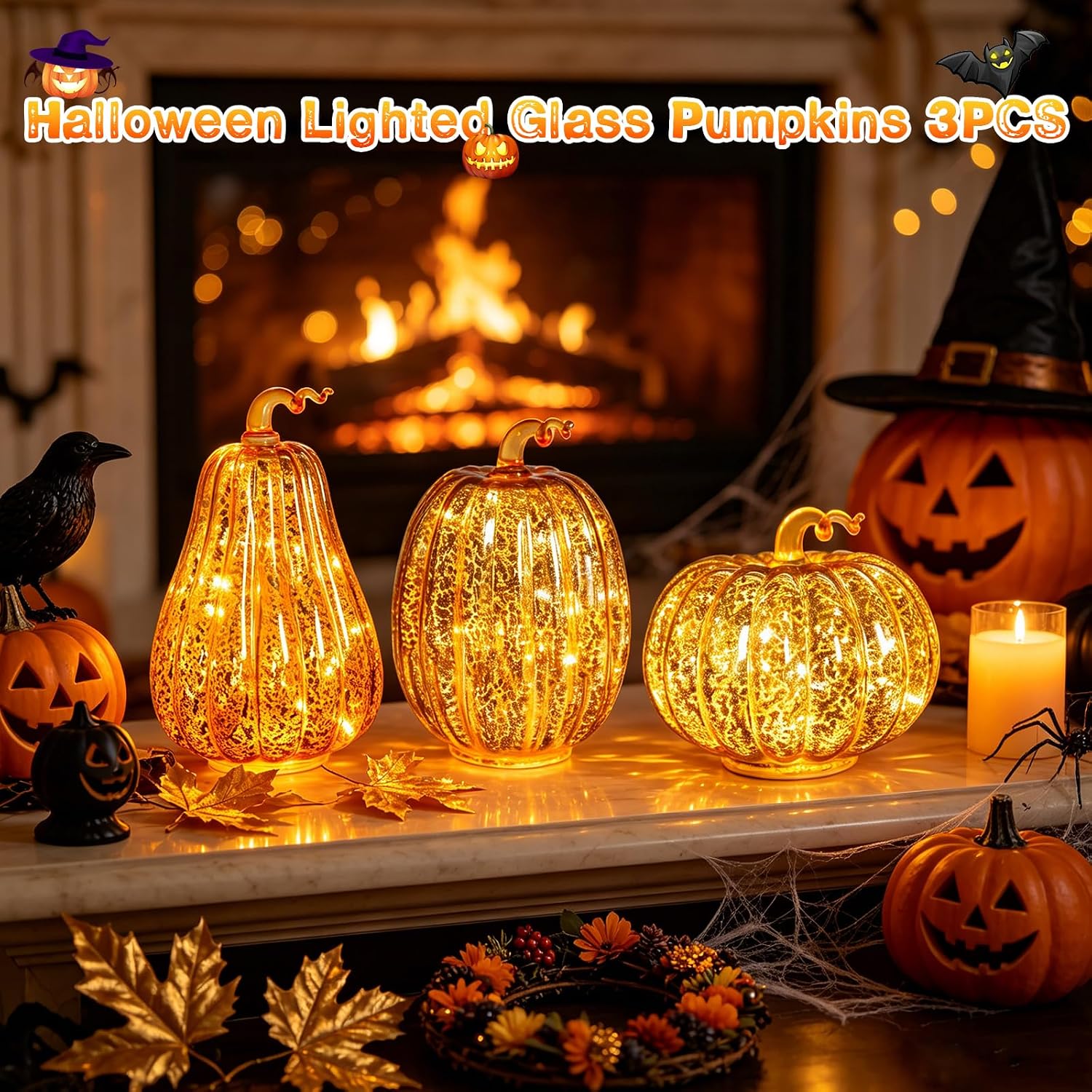 Set of 3 Lighted Mercury Glass Pumpkins – LED Fall & Thanksgiving Decor