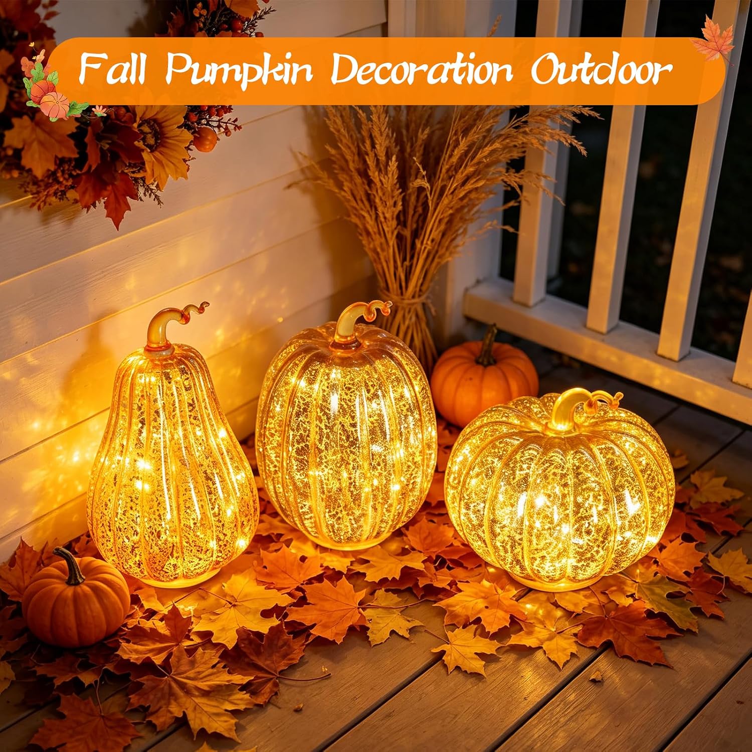 Set of 3 Lighted Mercury Glass Pumpkins – LED Fall & Thanksgiving Decor