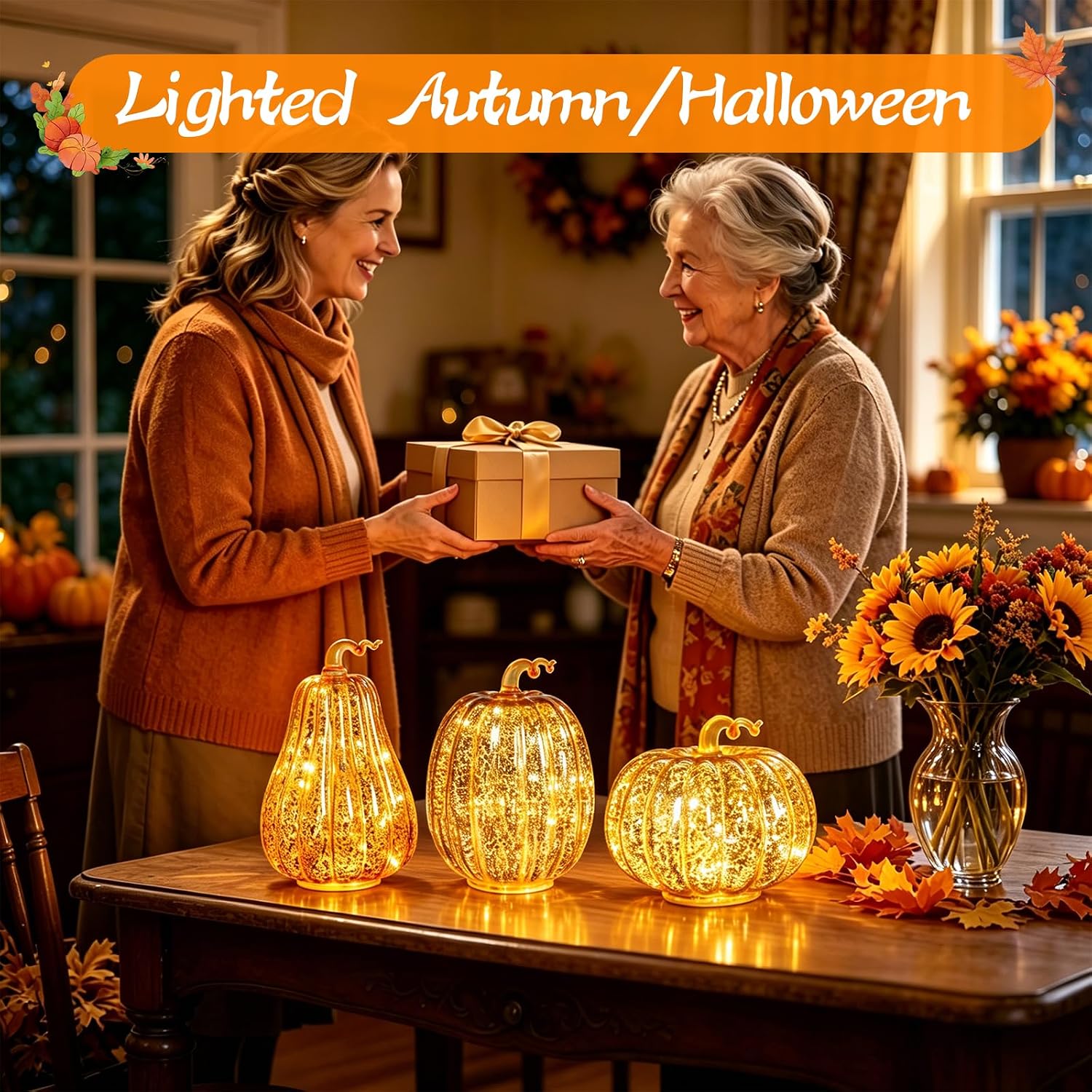 Set of 3 Lighted Mercury Glass Pumpkins – LED Fall & Thanksgiving Decor