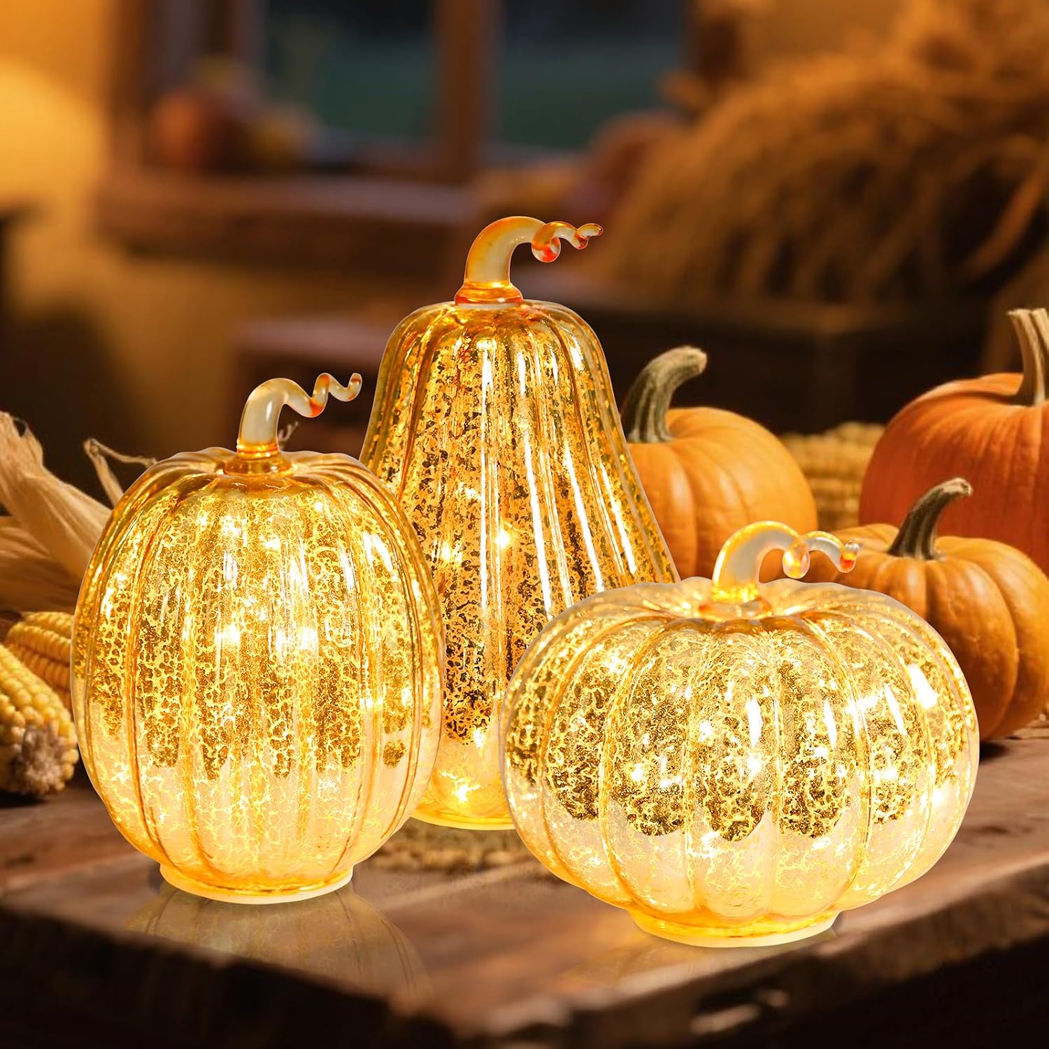 Set of 3 Lighted Mercury Glass Pumpkins – LED Fall & Thanksgiving Decor