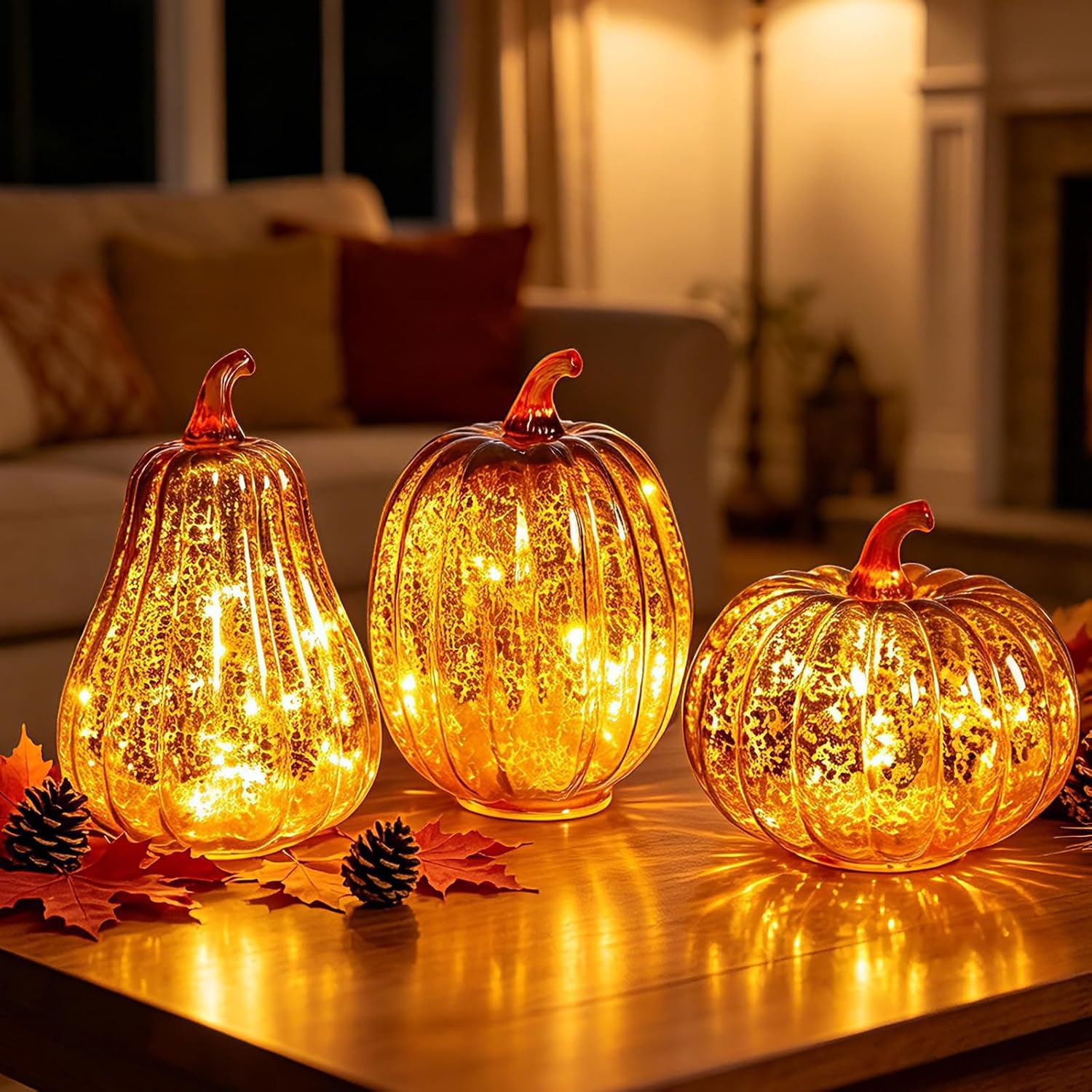 Set of 3 Lighted Mercury Glass Pumpkins – LED Fall & Thanksgiving Decor