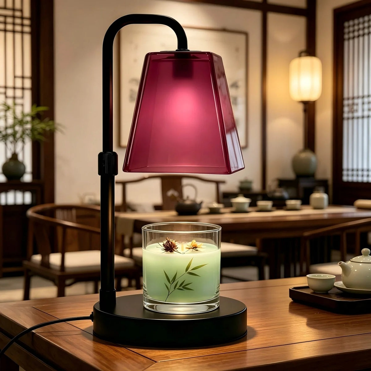 Rose Red Glass Candle Warmer Lamp | Dimmable Wax Warmer with Timer