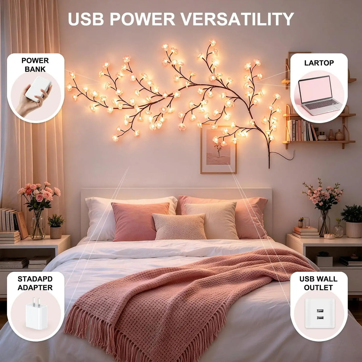 Cherry Blossom Branch Lights 72 LED | Pink Vine String Lights with Remote