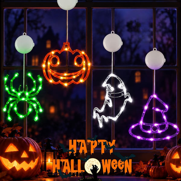 Four Halloween window lights pumpkin ghost spider witch hat