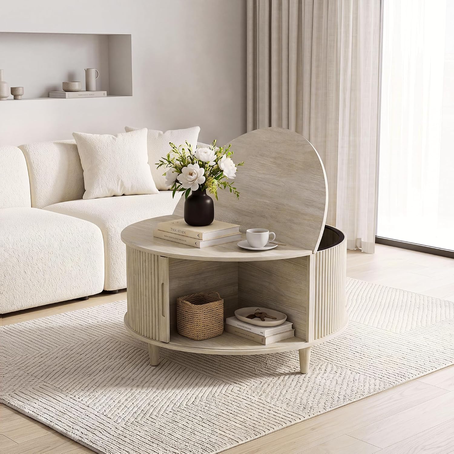 Round Fluted Coffee Table 31.5" – Light Oak Mid Century Table with Storage