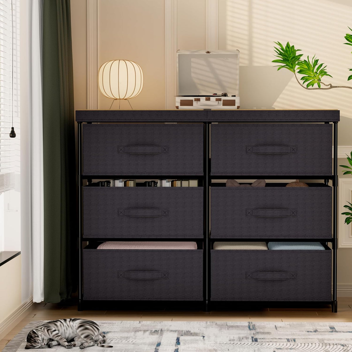 Fabric drawer dresser with wood top on an iron frame